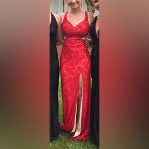 La Femme Red Lace Cut out Prom Dress Gown 4